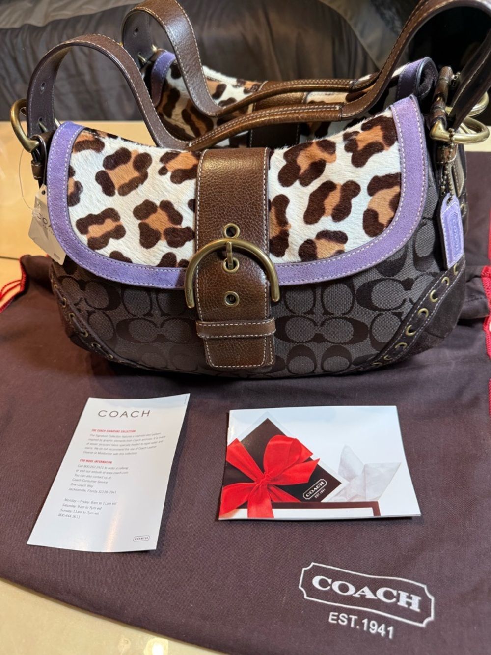 COACH NWT Extremely Rare Vintage Soho Leopard Calf Hair&Brown Signature Handbag - Picture 2 of 15